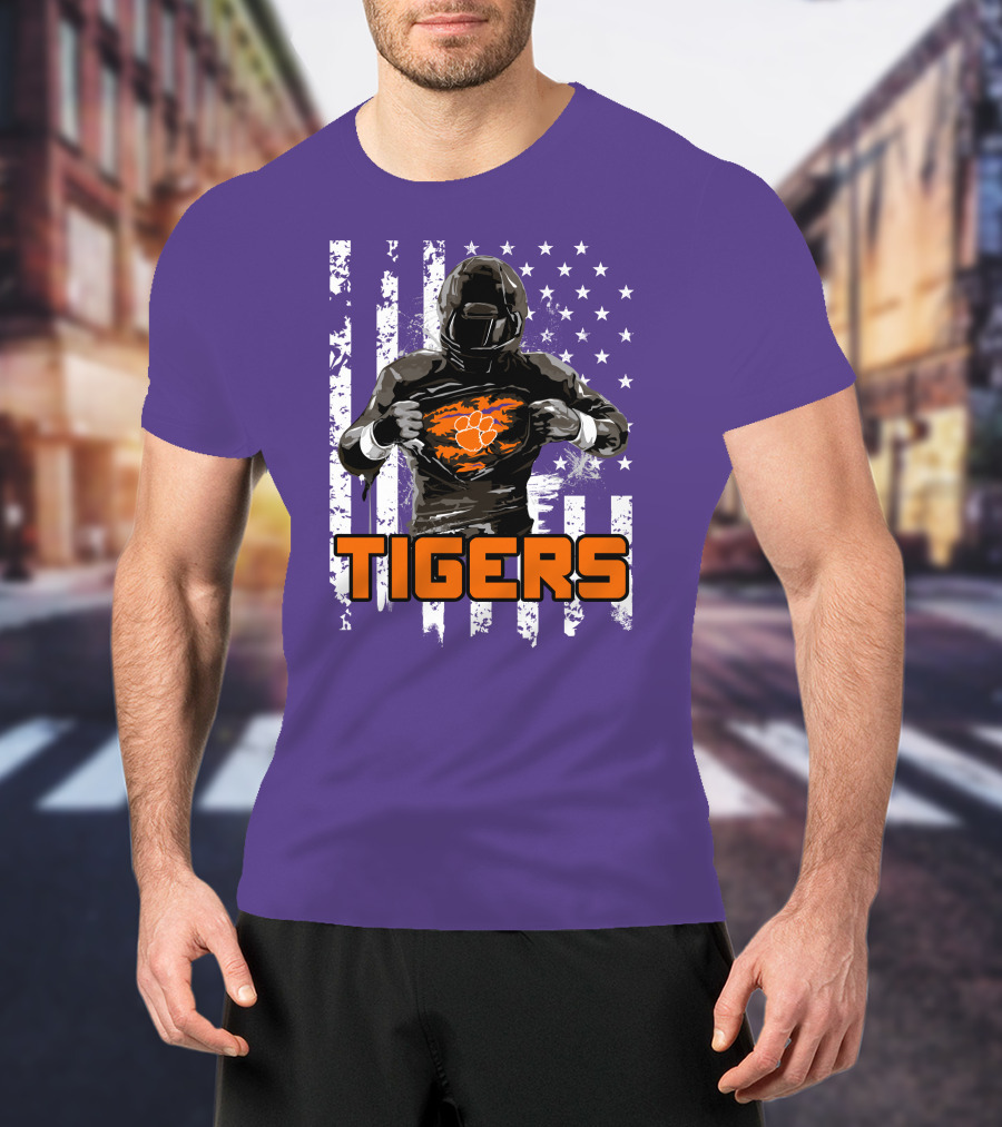 Tigers Player With Paw Logo And Flag Background T-Shirt