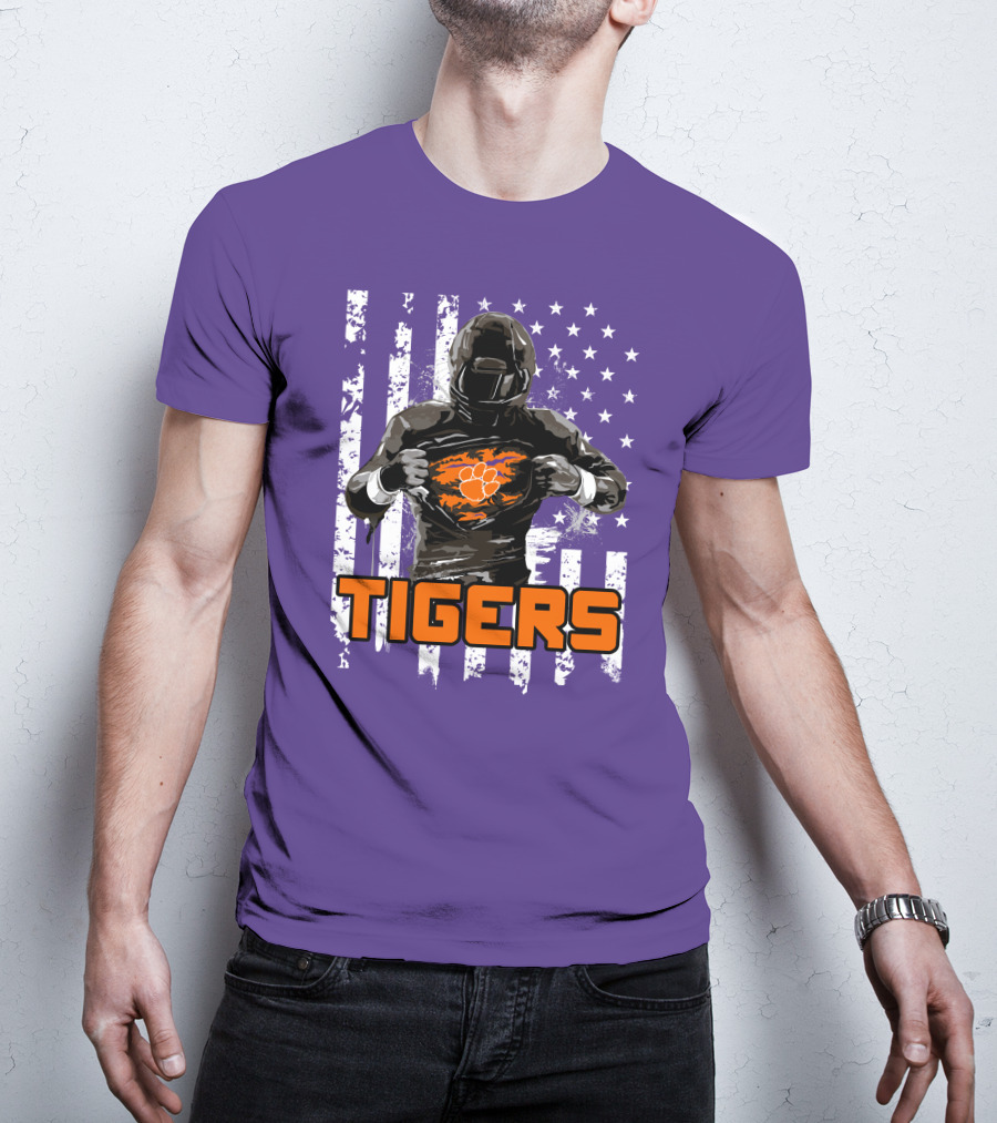 Tigers Player With Paw Logo And Flag Background T-Shirt