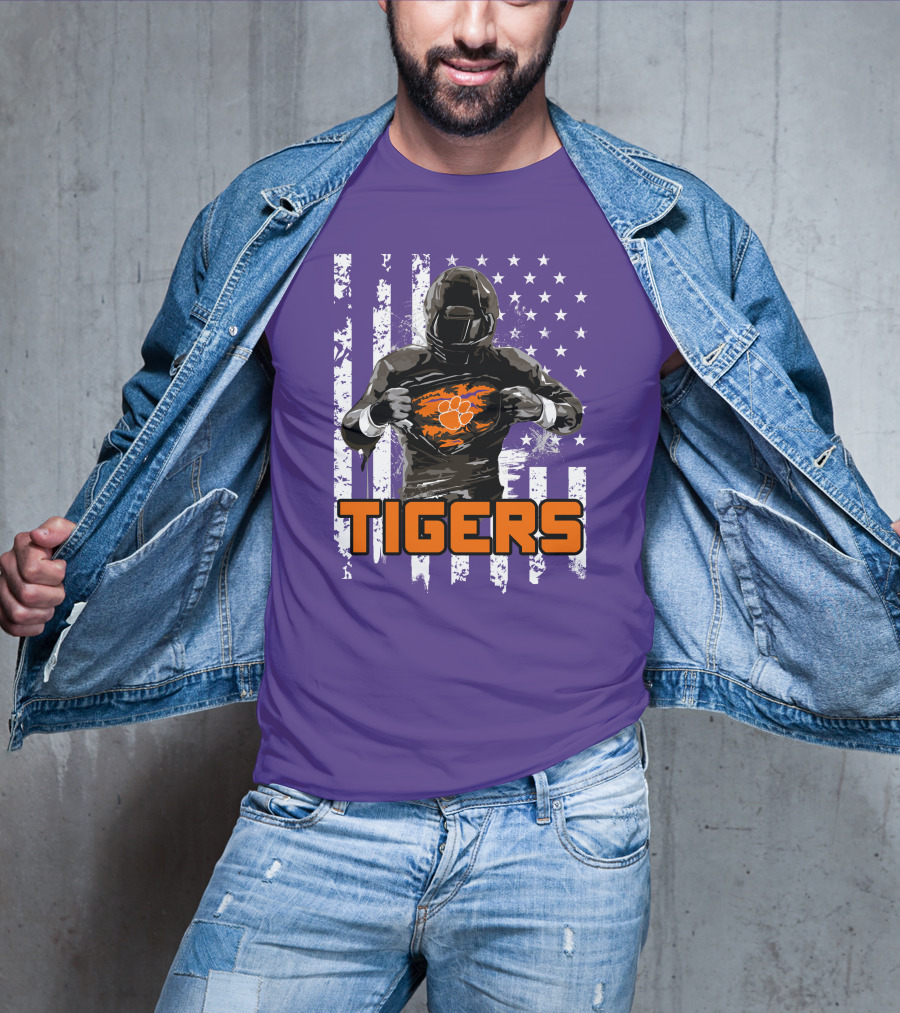 Tigers Player With Paw Logo And Flag Background T-Shirt
