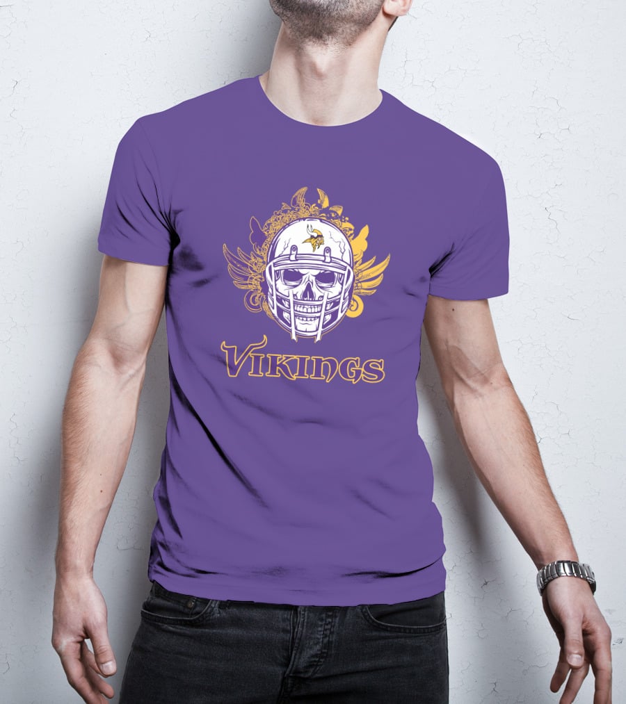Vikings Skull Helmet With Purple And Yellow Wings T-Shirt