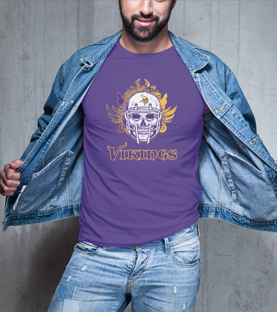 Vikings Skull Helmet With Purple And Yellow Wings T-Shirt