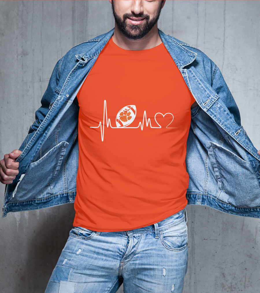 Clemson Tigers Heartbeat Football Paw Prints T-Shirt