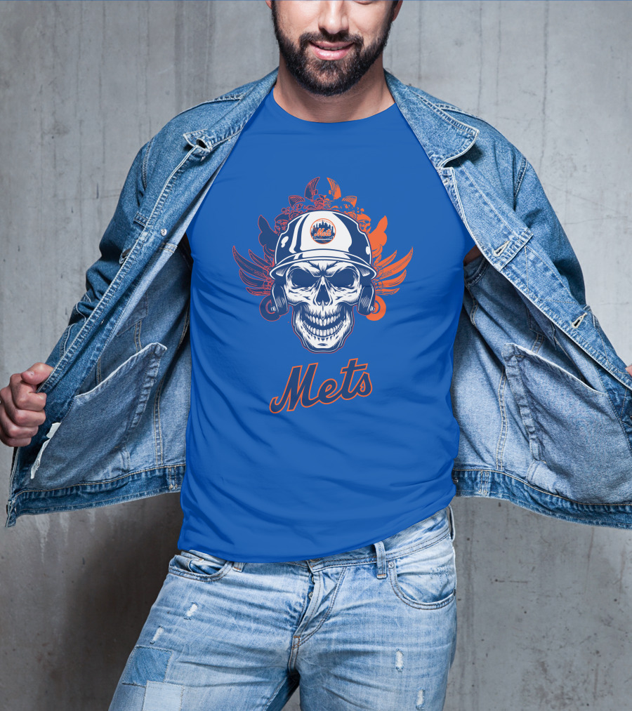 New York Mets Skull Helmet Logo With Wings T-Shirt