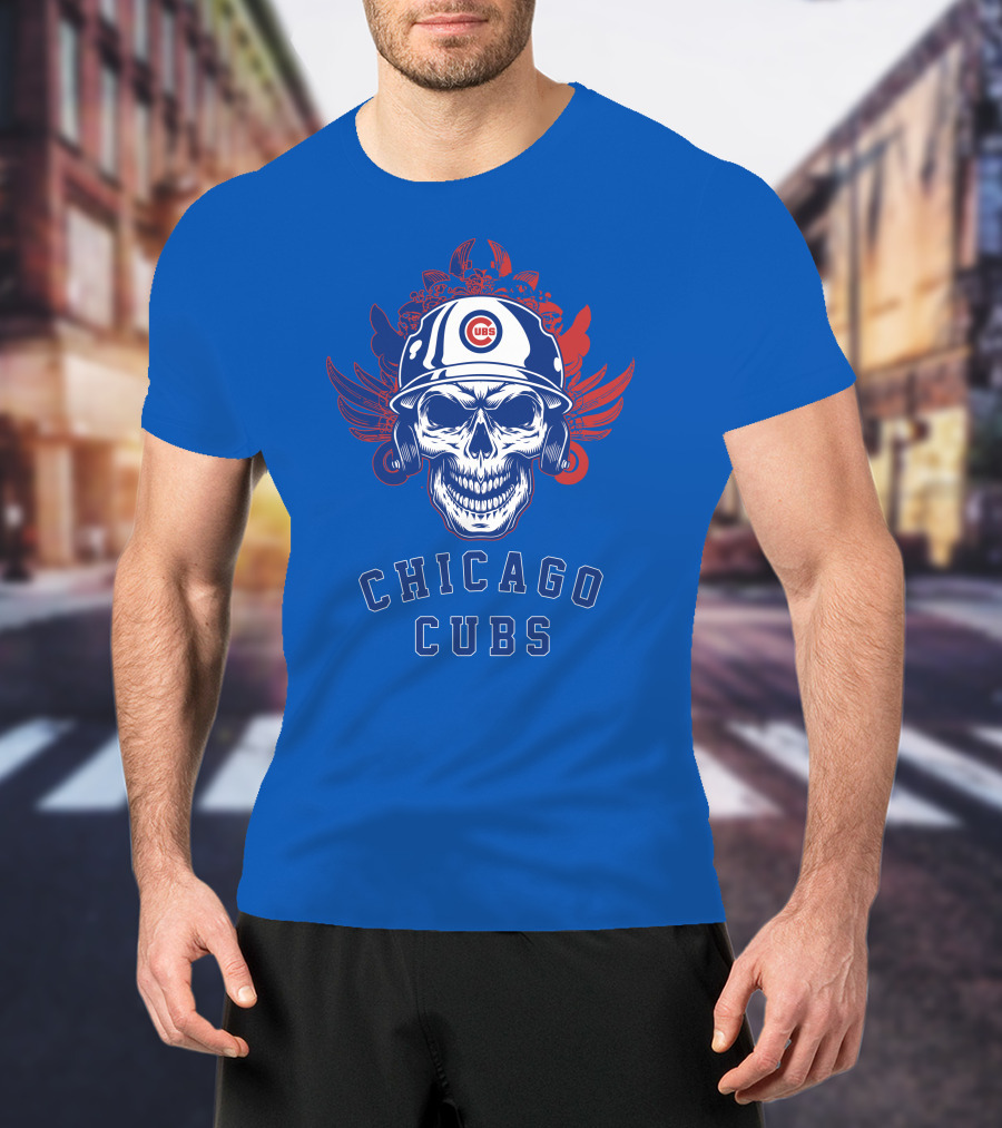 Chicago Cubs Skull Logo With Helmet And Wings T-Shirt
