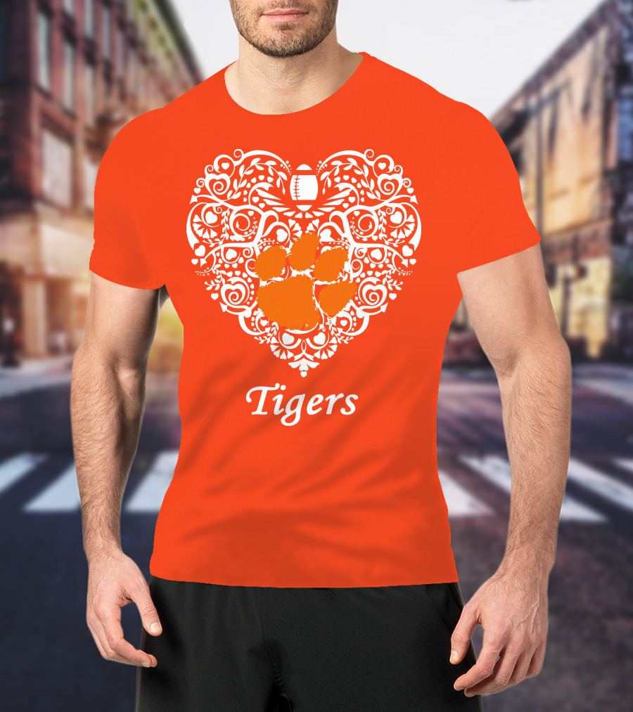 Heart-Shaped Design With Clemson Tigers Paw And Football Elements T-Shirt