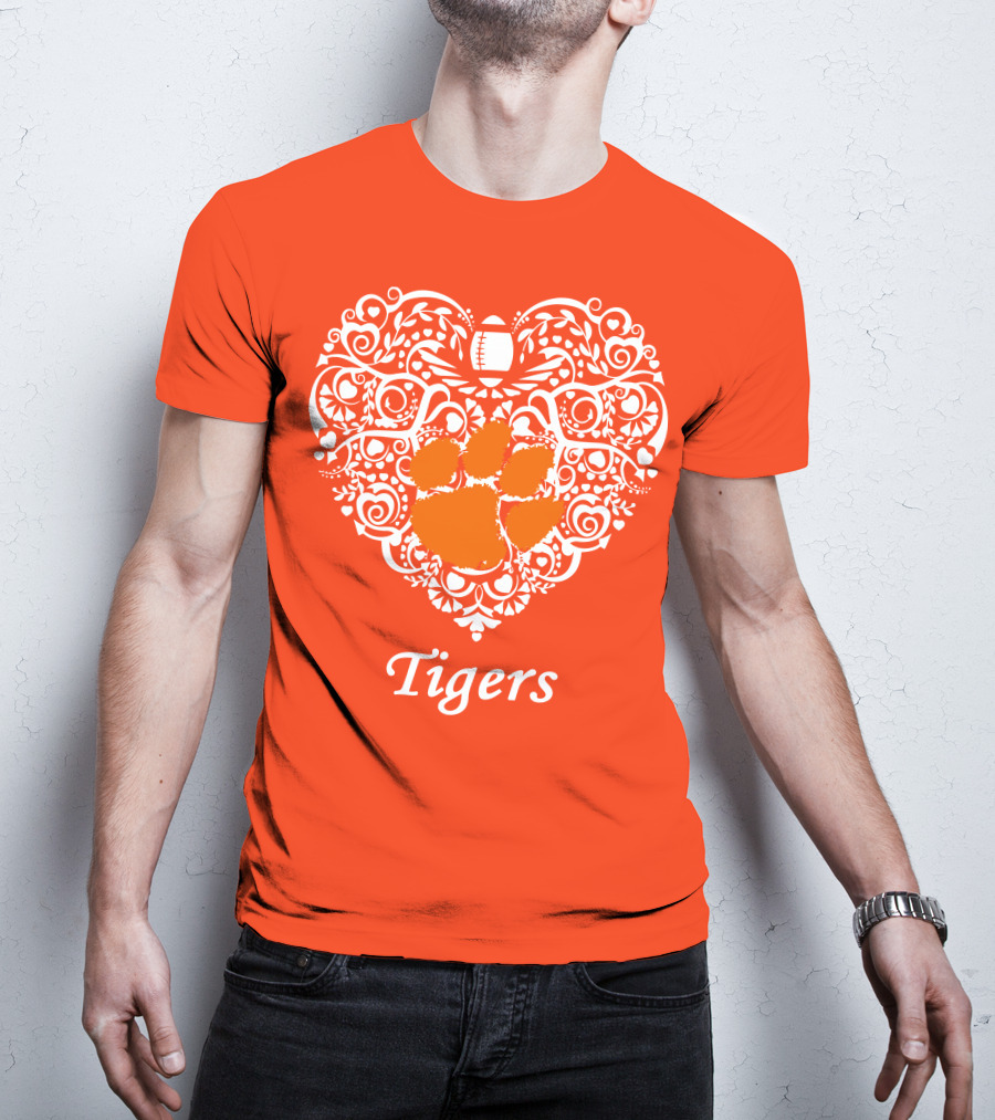 Heart-Shaped Design With Clemson Tigers Paw And Football Elements T-Shirt