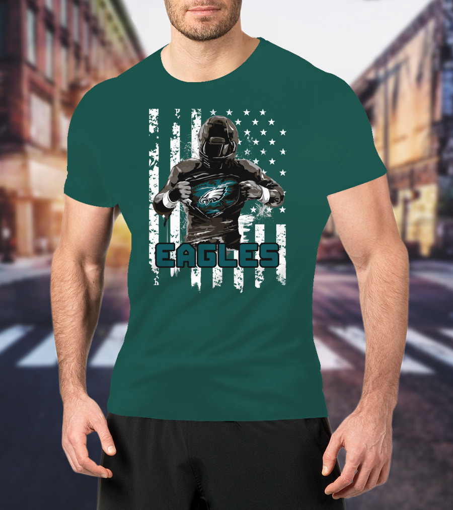 Philadelphia Eagles Football Hero With American Flag Background T-Shirt