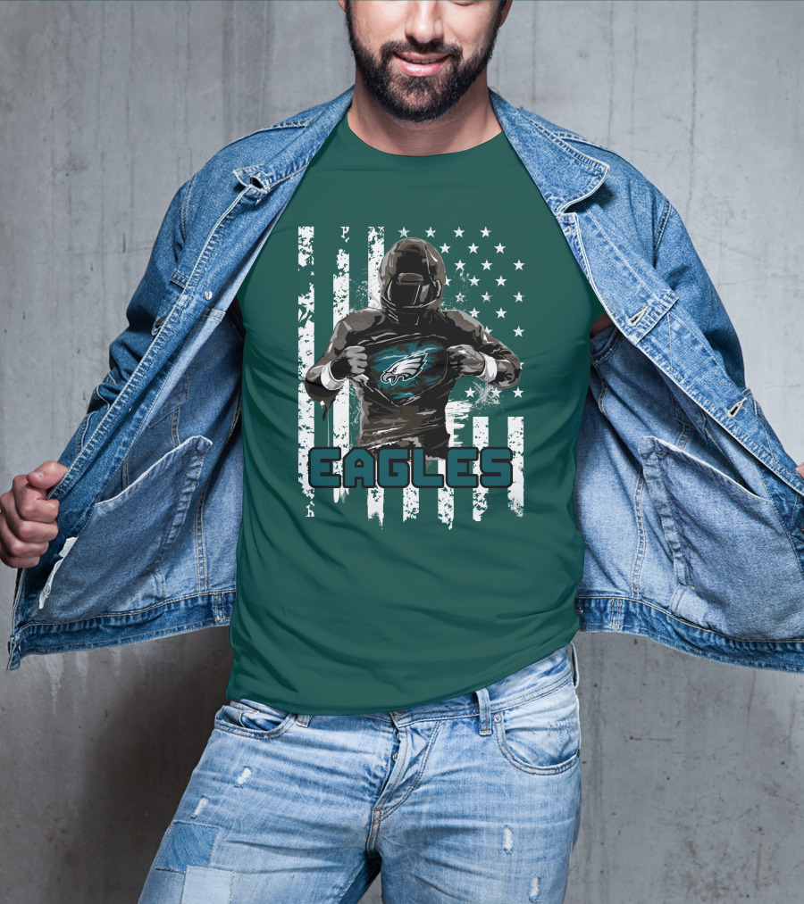 Philadelphia Eagles Football Hero With American Flag Background T-Shirt