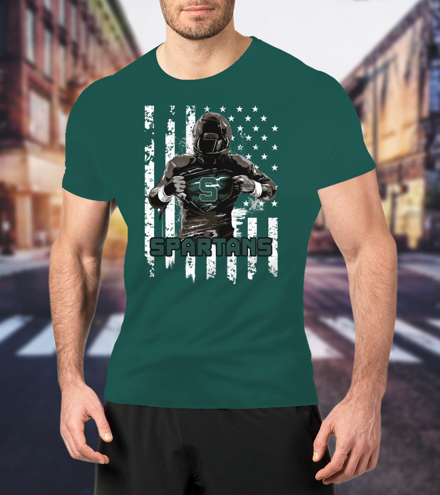 Spartans Player With S Emblem And American Flag Background T-Shirt