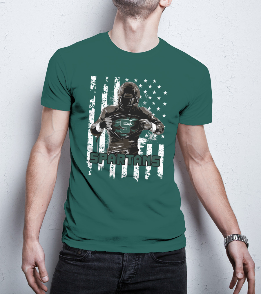 Spartans Player With S Emblem And American Flag Background T-Shirt