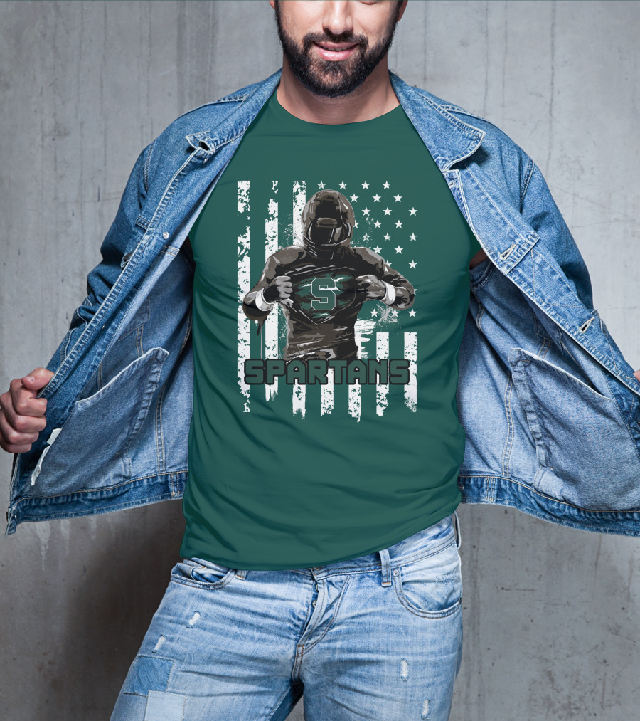 Spartans Player With S Emblem And American Flag Background T-Shirt
