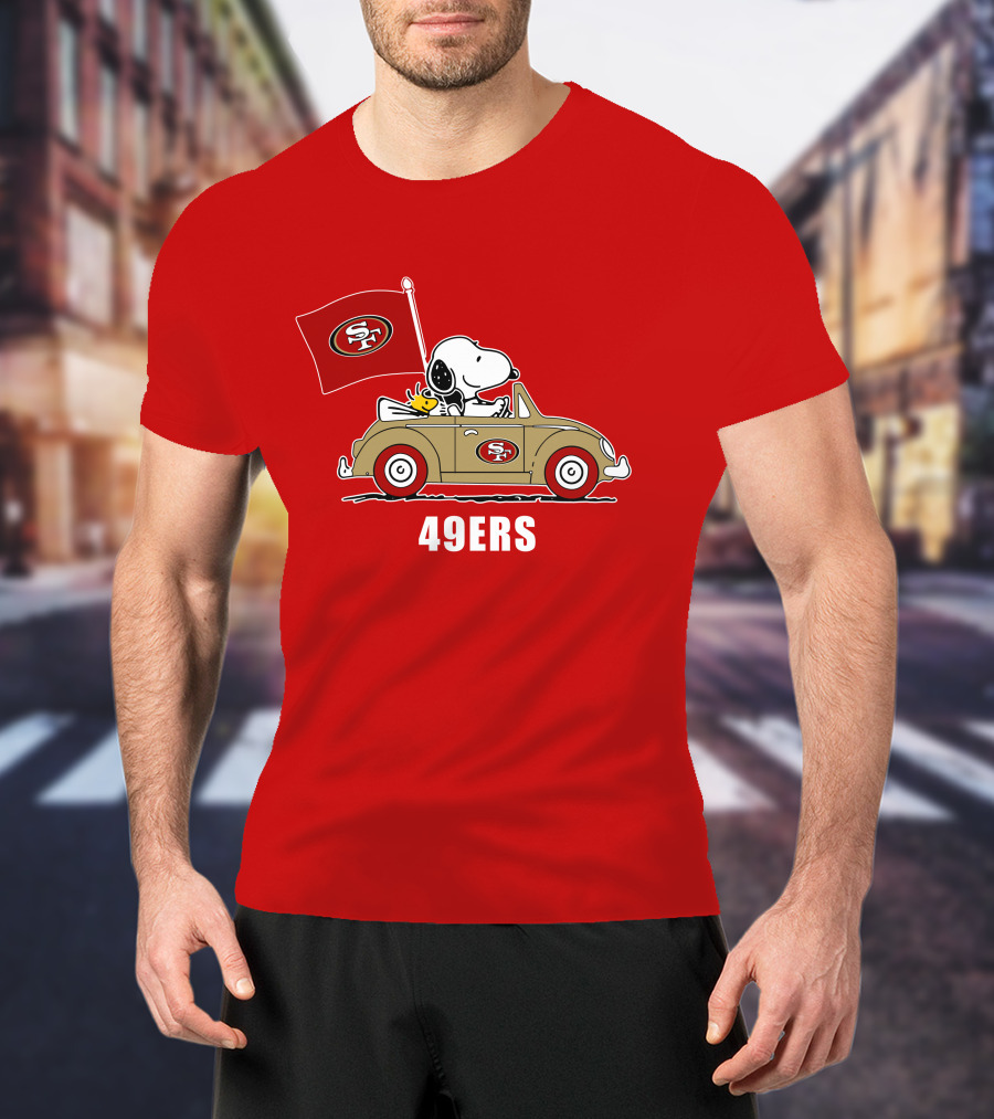 San Francisco 49ers Snoopy Driving Car With Sf Flag T-Shirt