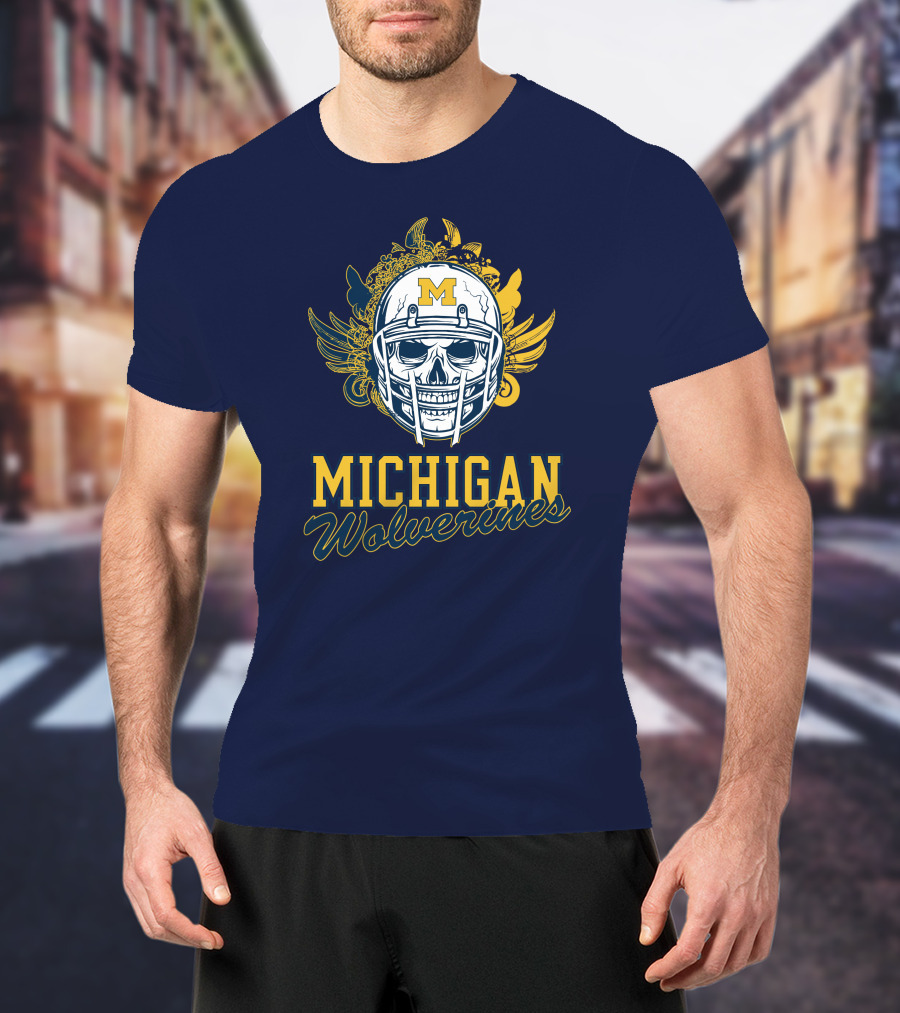 Michigan Wolverines Skull Helmet With Floral Wings T-Shirt