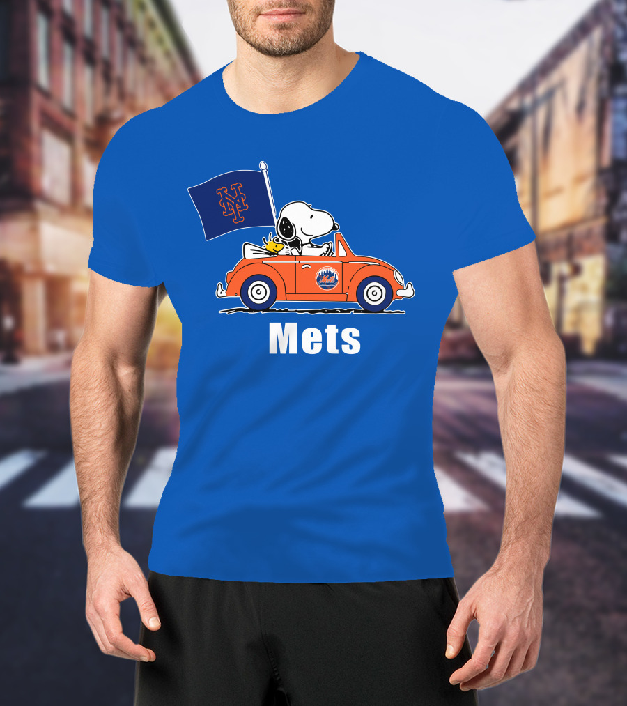 Mets Snoopy Driving With Woodstock And Flag T-Shirt