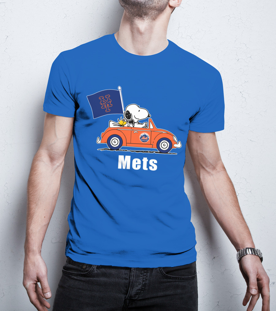 Mets Snoopy Driving With Woodstock And Flag T-Shirt