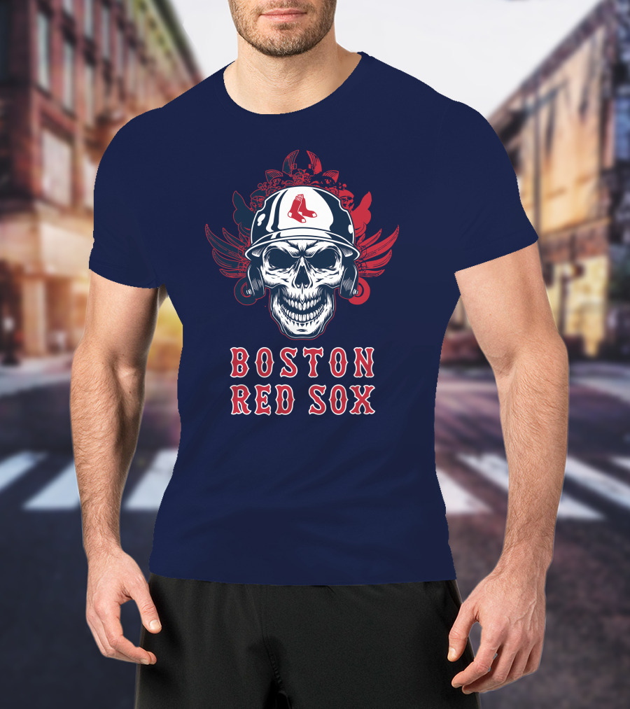 Boston Red Sox Skull With Baseball Helmet And Wings T-Shirt