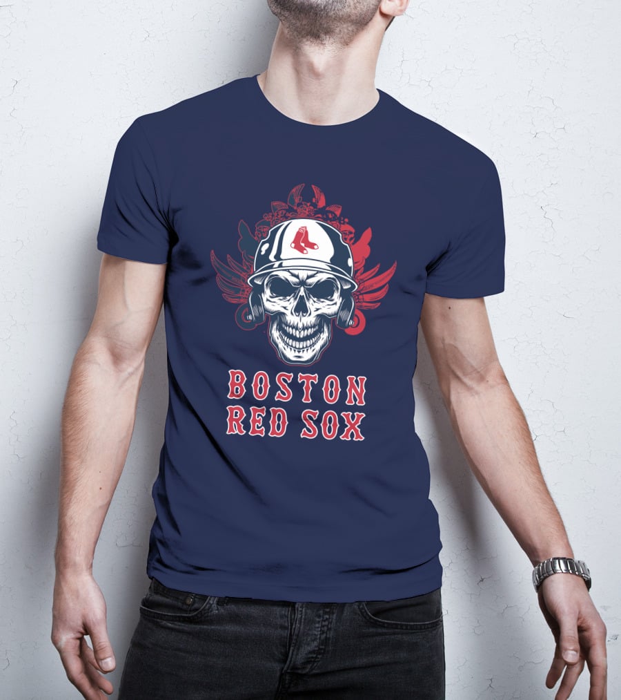 Boston Red Sox Skull With Baseball Helmet And Wings T-Shirt