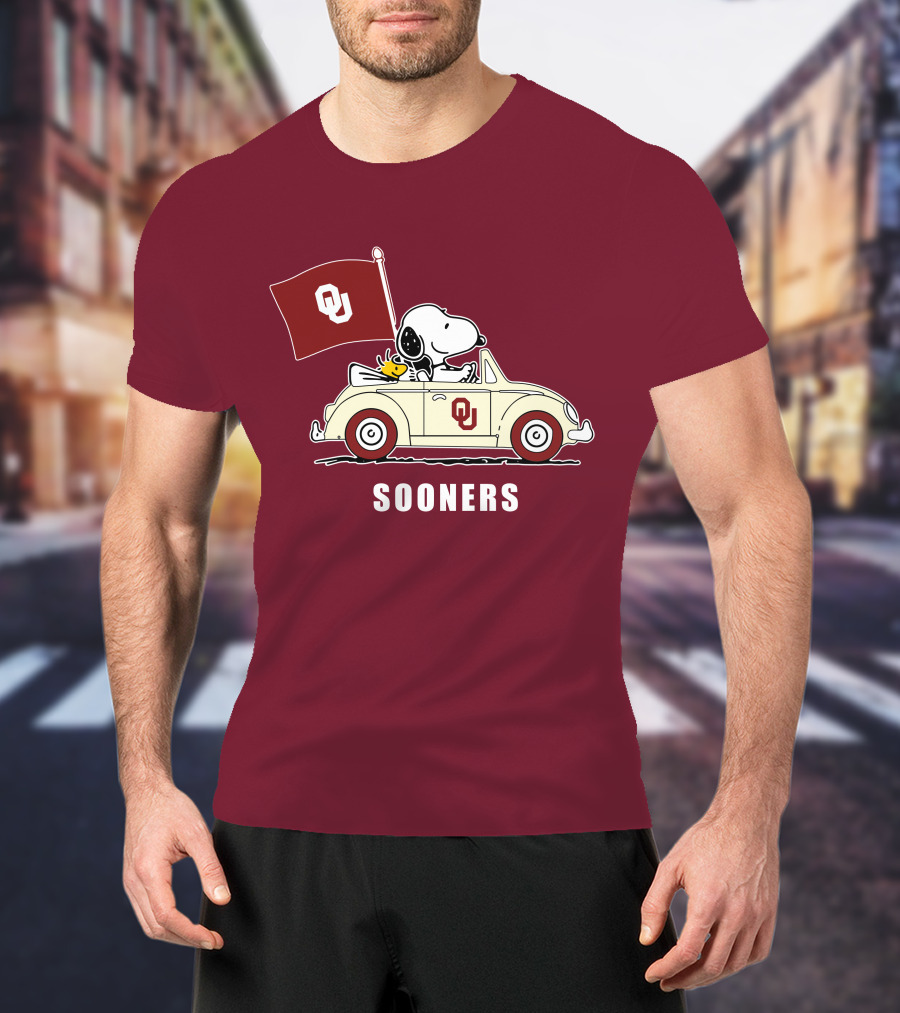 Snoopy Driving Oklahoma Sooners OU Flag Retro Car T-Shirt
