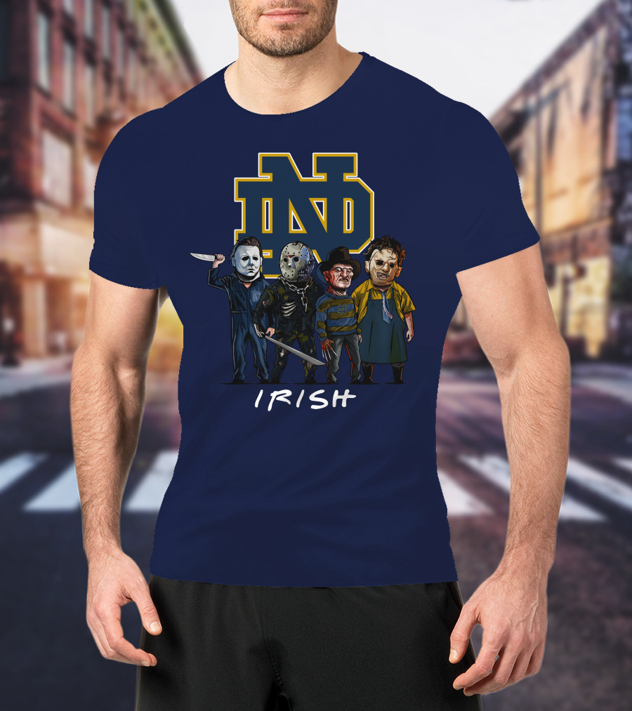 Notre Dame Fighting Irish Halloween With Famous Horror Slasher Characters T-Shirt