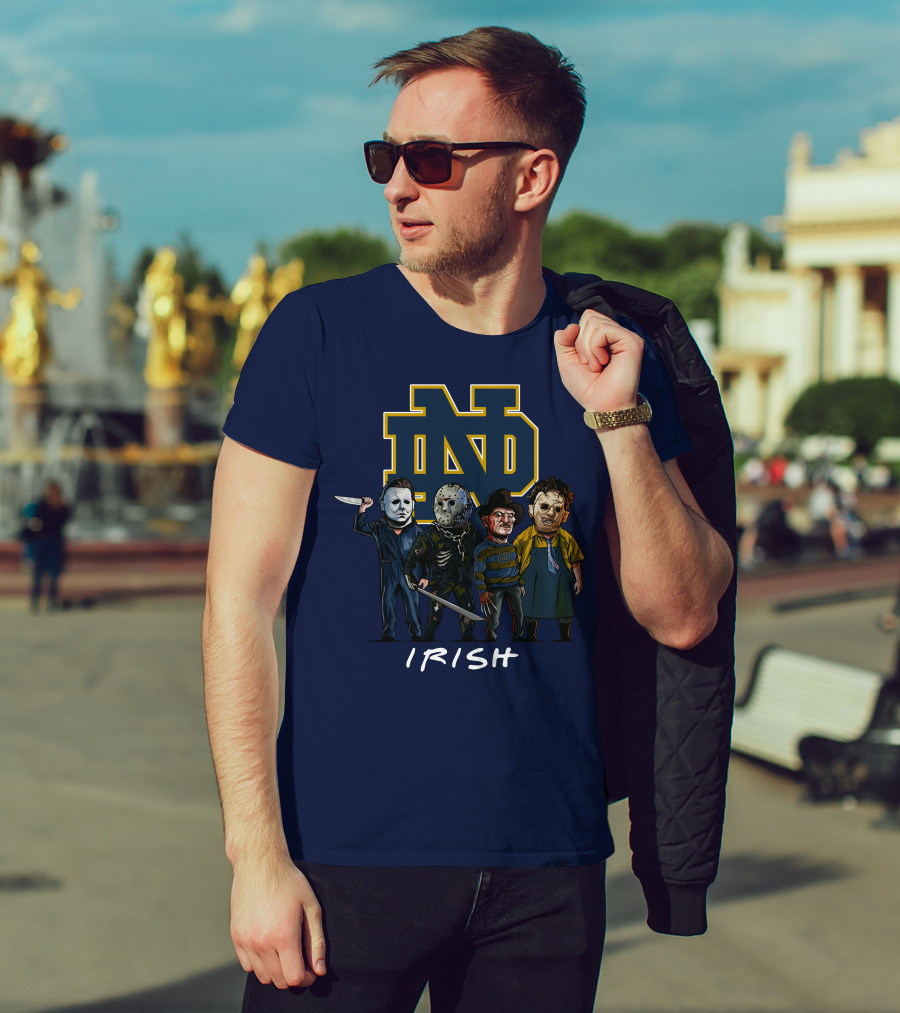 Notre Dame Fighting Irish Halloween With Famous Horror Slasher Characters T-Shirt