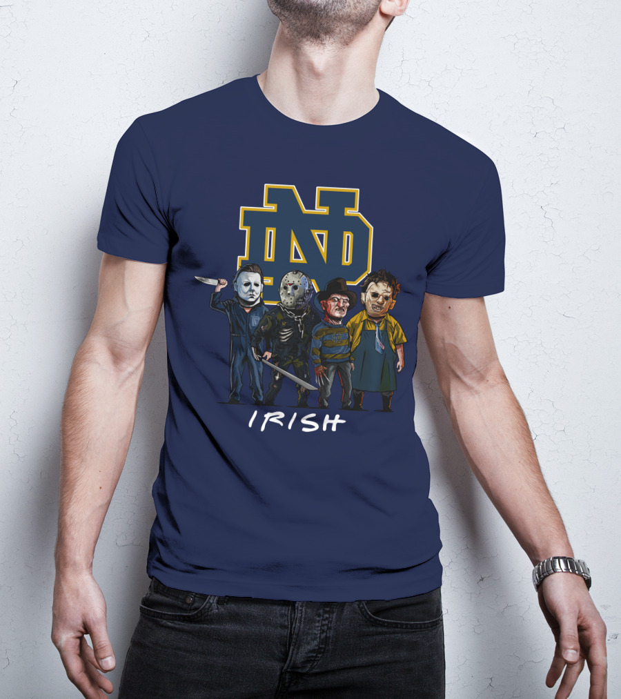 Notre Dame Fighting Irish Halloween With Famous Horror Slasher Characters T-Shirt