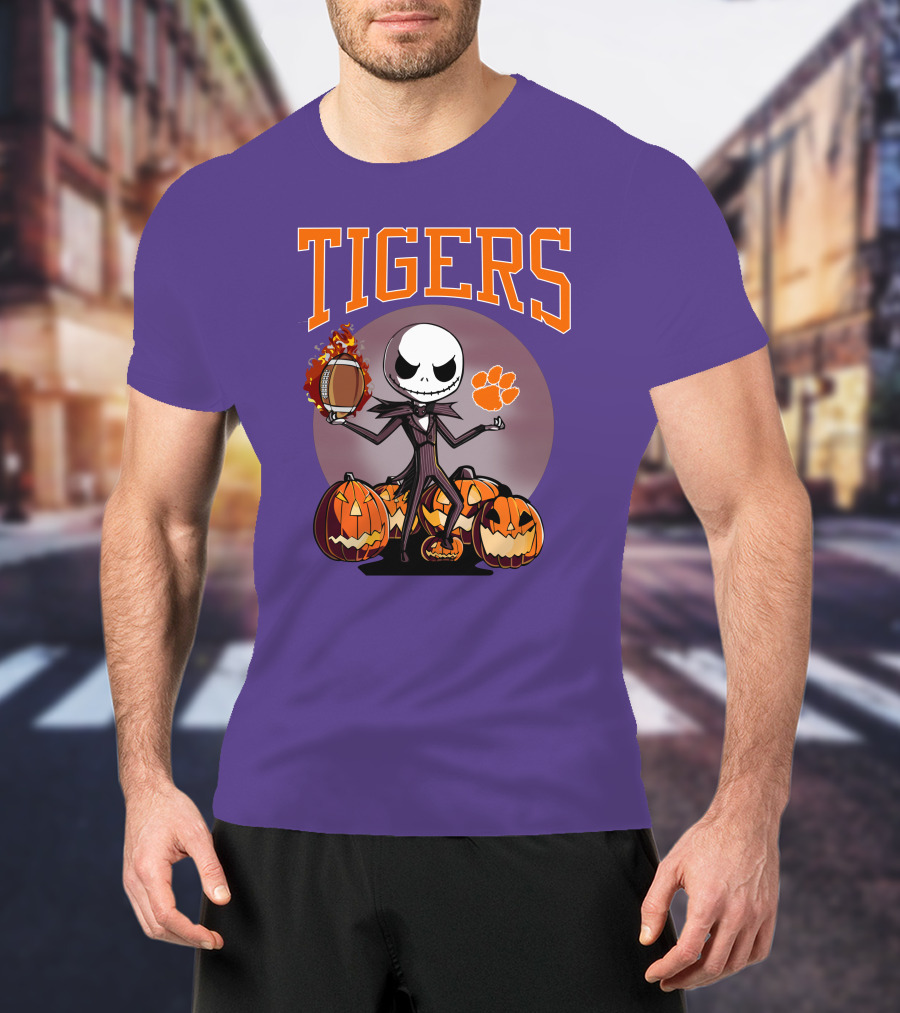 Tigers Jack Skellington Clemson Halloween Football And Pumpkins T-Shirt