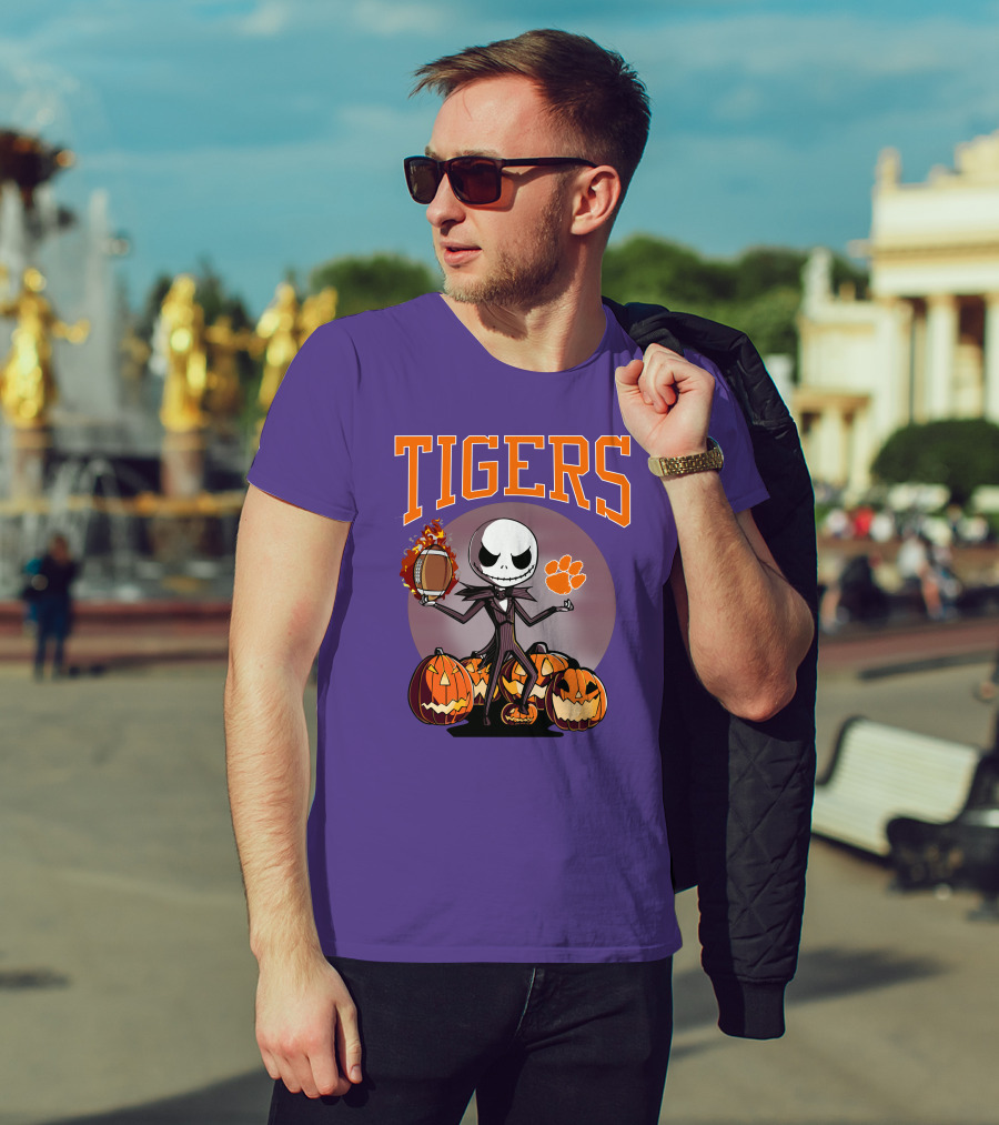 Tigers Jack Skellington Clemson Halloween Football And Pumpkins T-Shirt