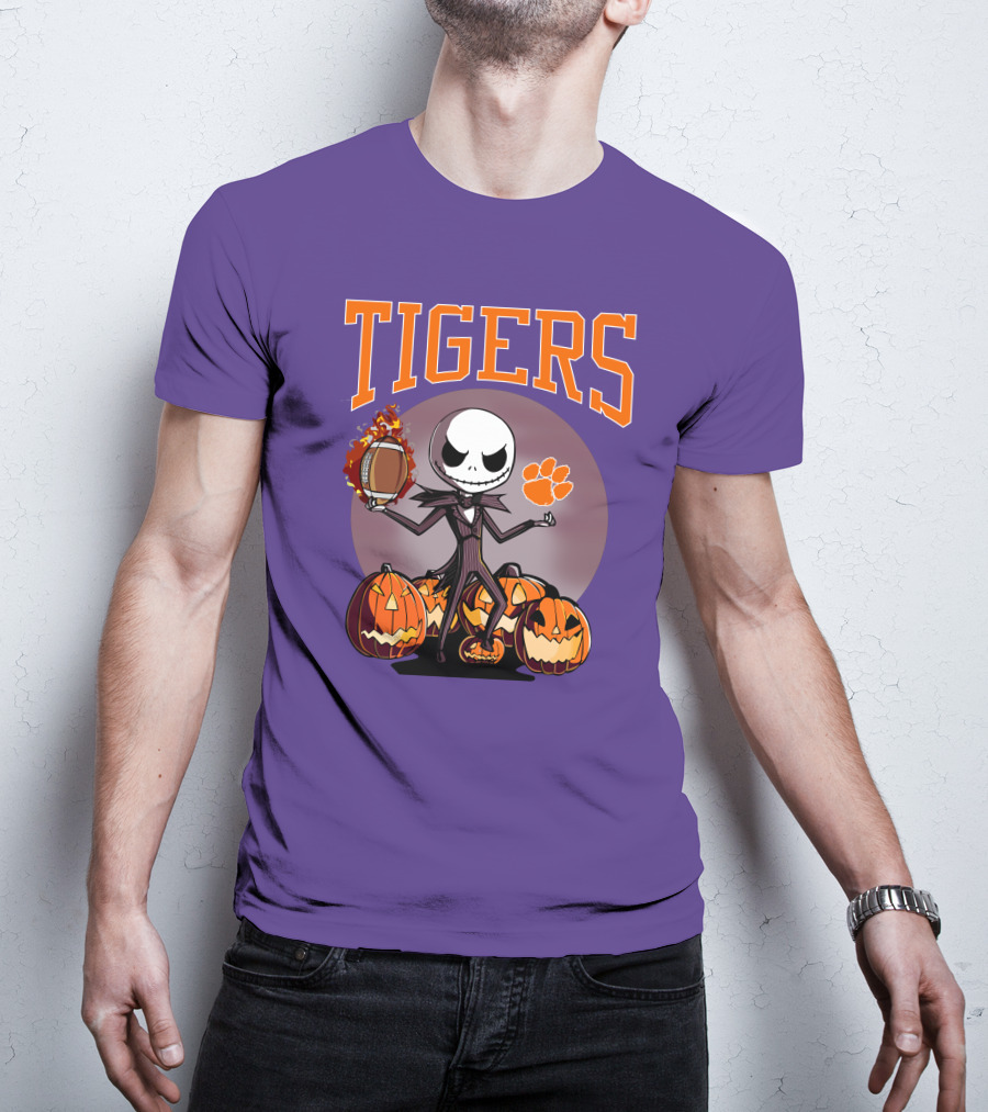 Tigers Jack Skellington Clemson Halloween Football And Pumpkins T-Shirt