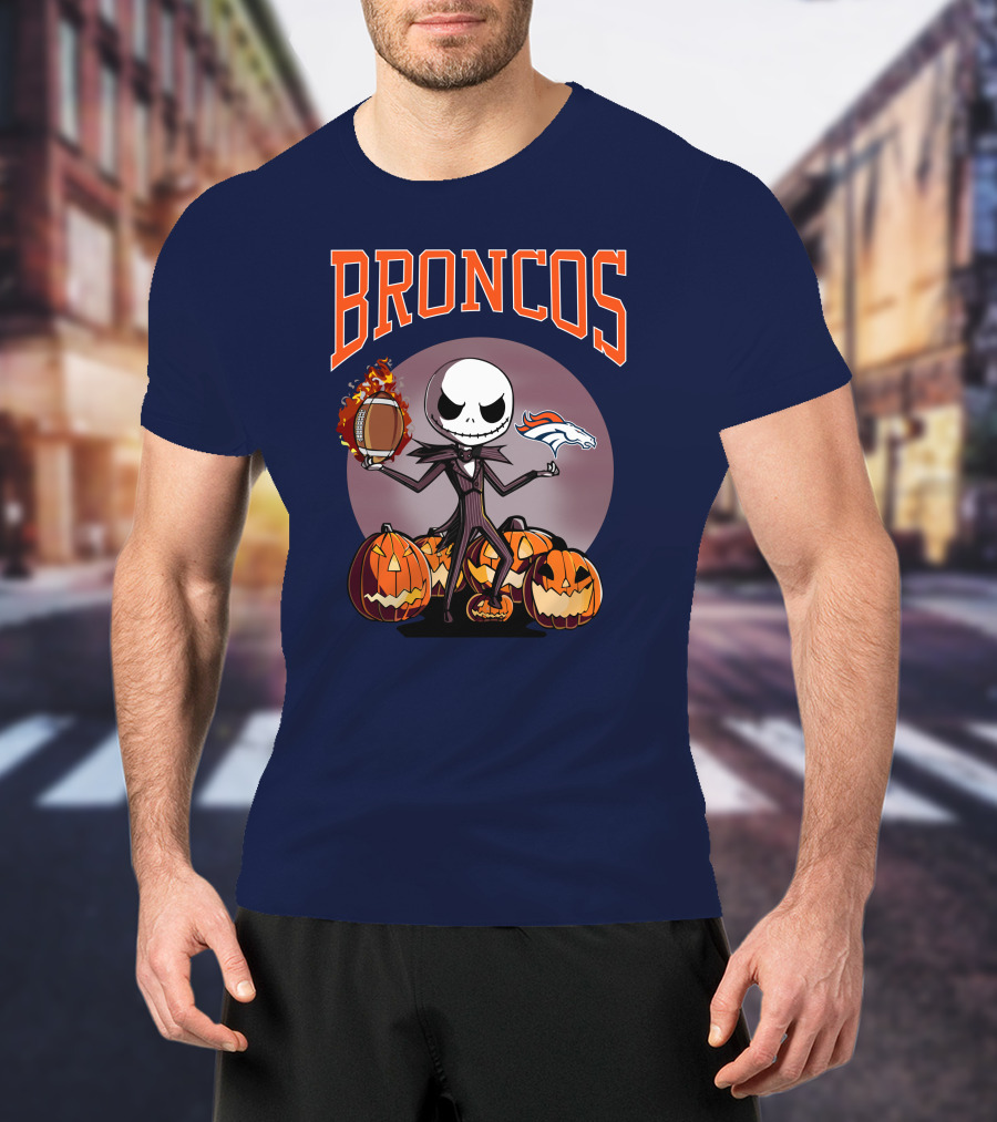 Broncos Jack Skellington Halloween Denver Football Pumpkins T-Shirt