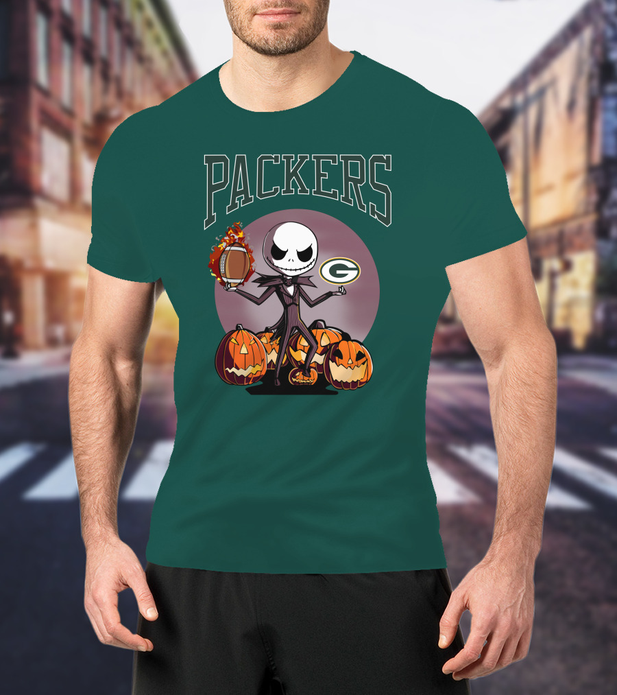 Packers Green Bay Jack Skellington Halloween Football Pumpkins T-Shirt