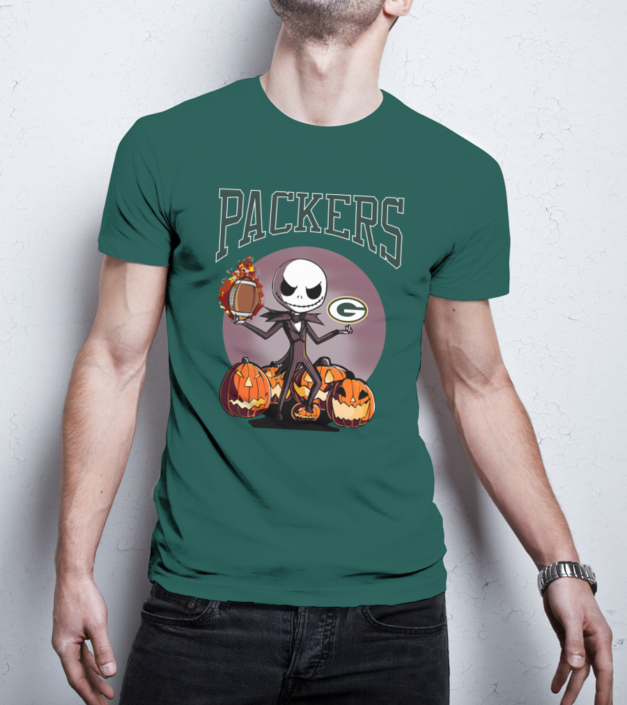 Packers Green Bay Jack Skellington Halloween Football Pumpkins T-Shirt