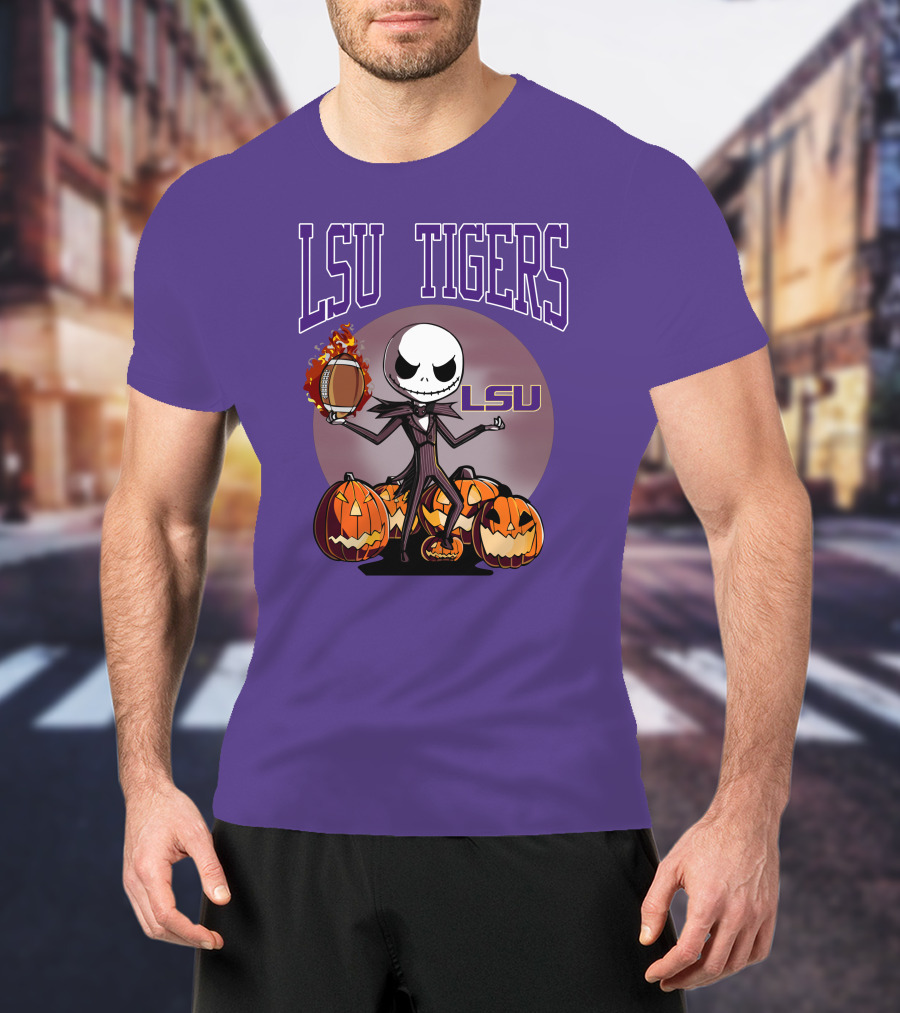 LSU Tigers Jack Skellington Halloween Football Pumpkins T-Shirt