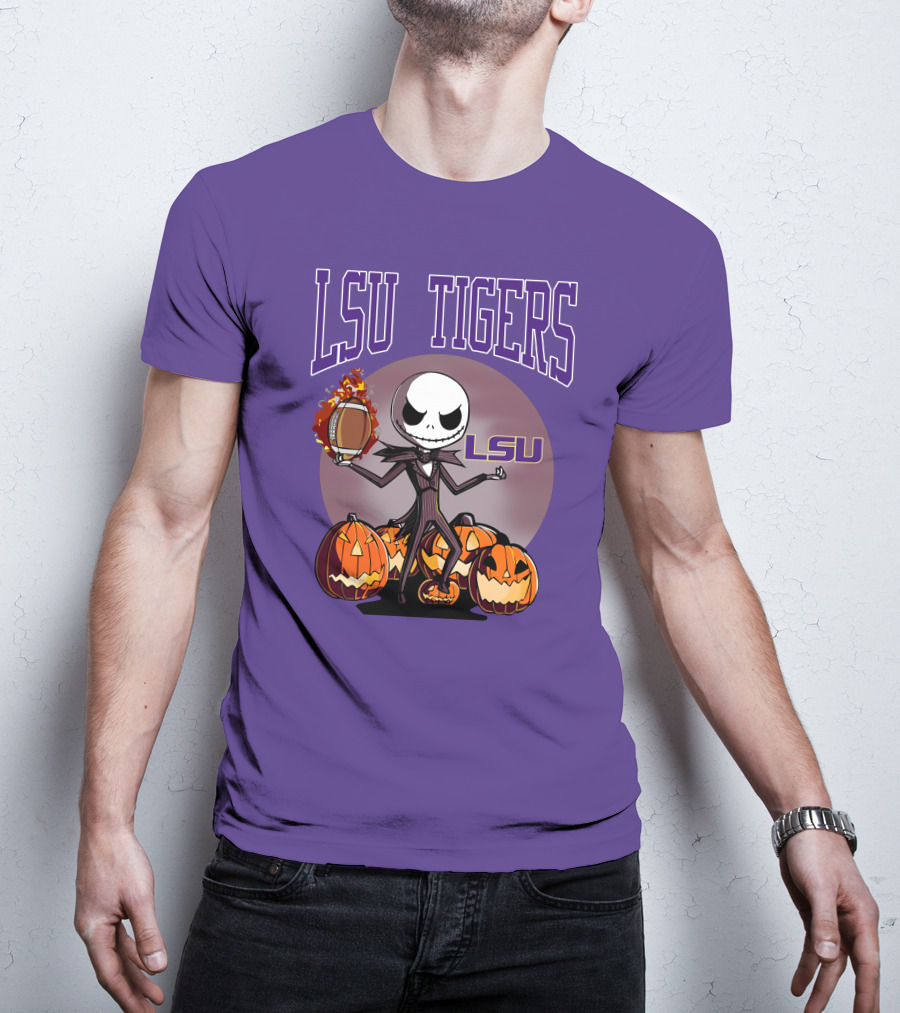 LSU Tigers Jack Skellington Halloween Football Pumpkins T-Shirt