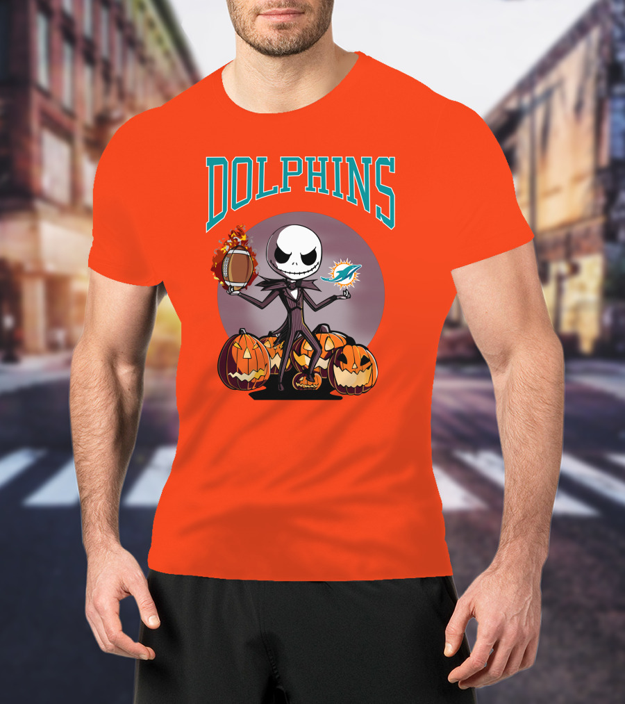 Dolphins Jack Skellington Halloween Miami Football Pumpkins T-Shirt