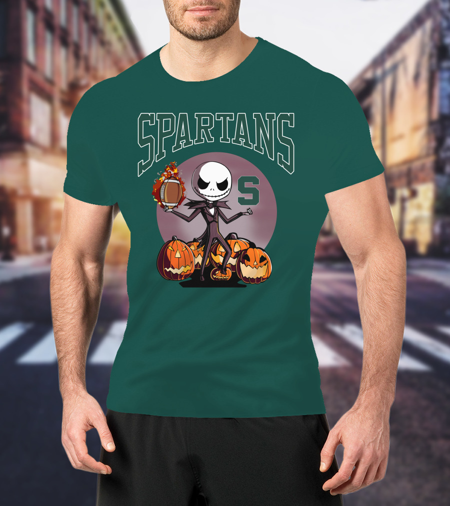 Michigan State Spartans Jack Skellington Football Halloween Pumpkins T-Shirt