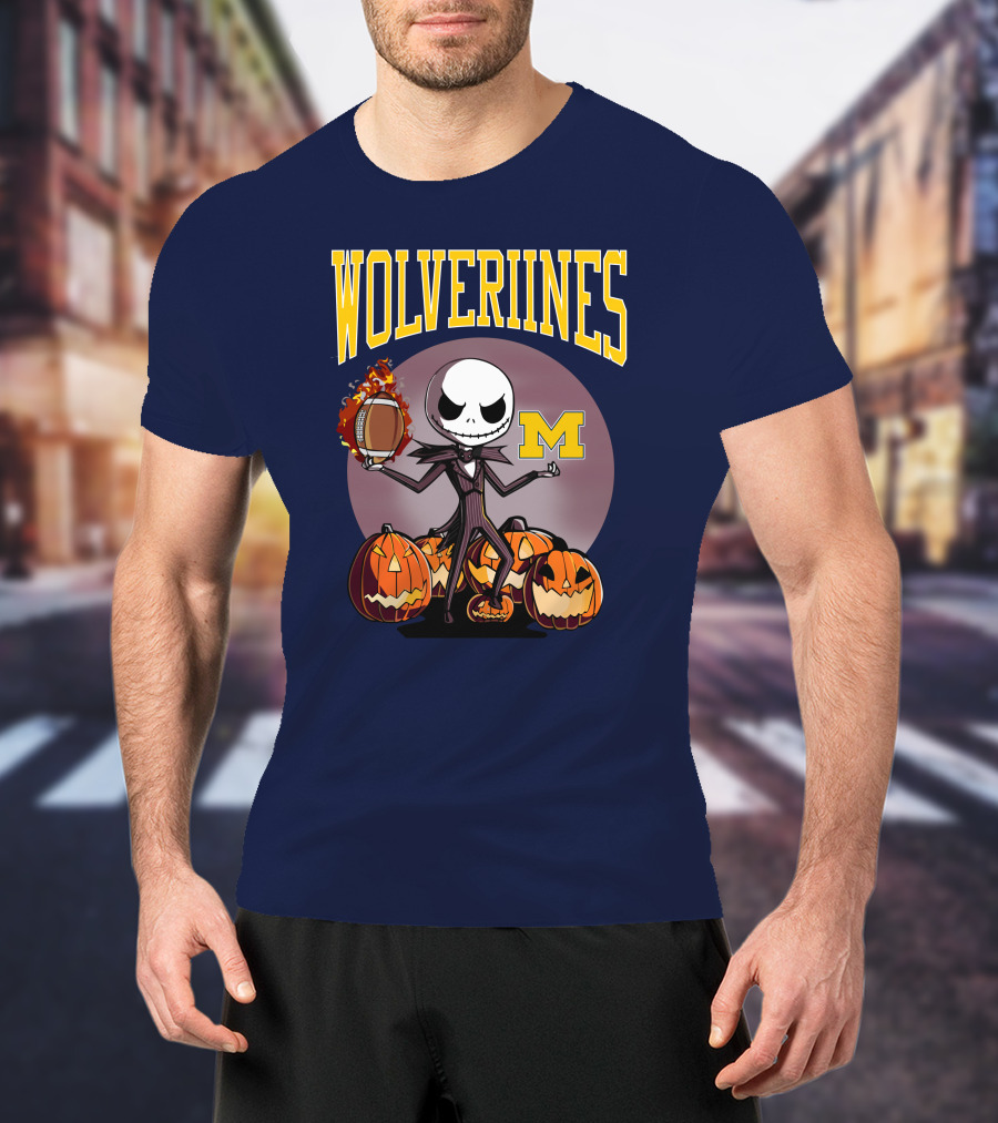 Michigan Wolverines Halloween Jack Skellington Football Pumpkins T-Shirt