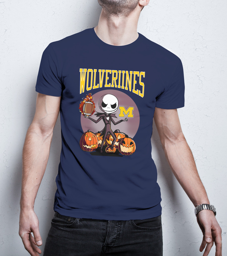 Michigan Wolverines Halloween Jack Skellington Football Pumpkins T-Shirt