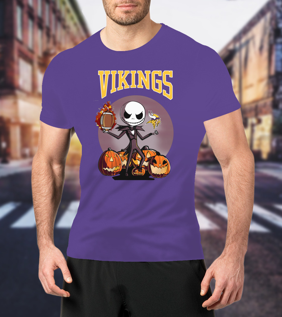 Vikings Jack Skellington Halloween Football Pumpkins T-Shirt