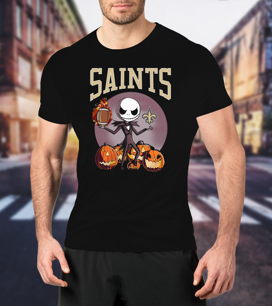 New Orleans Saints Jack Skellington Halloween Pumpkins Football Fleur-de-Lis T-Shirt
