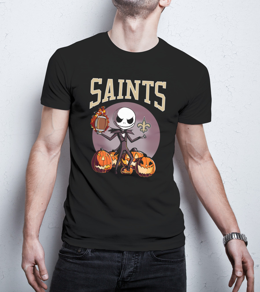New Orleans Saints Jack Skellington Halloween Pumpkins Football Fleur-de-Lis T-Shirt