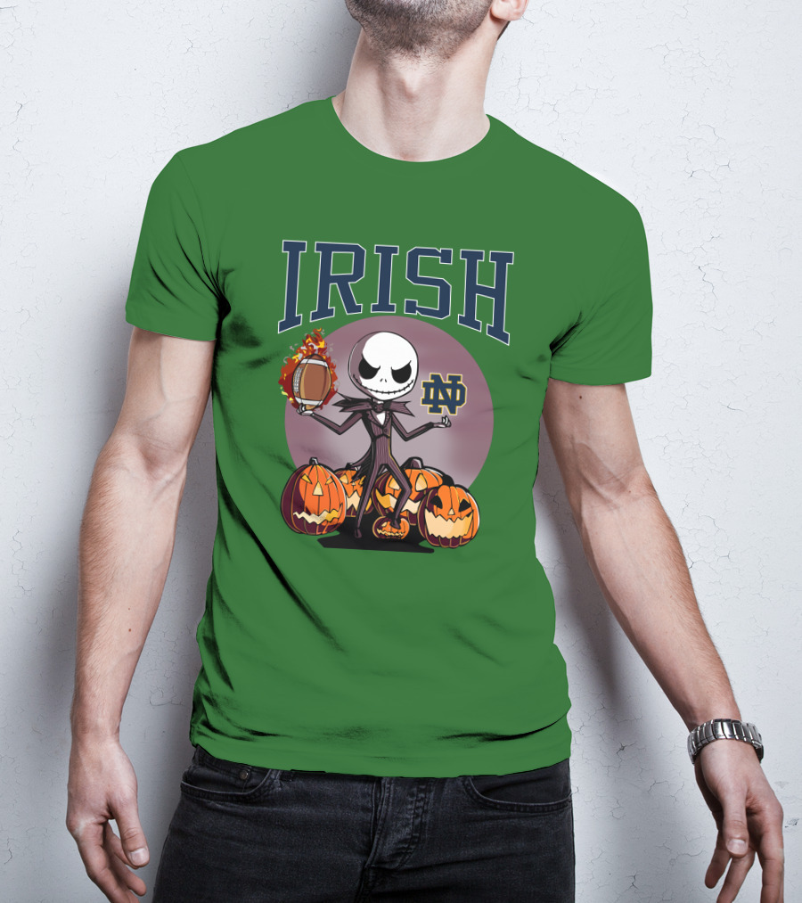 Irish Notre Dame Jack Skellington Halloween Football Pumpkins T-Shirt