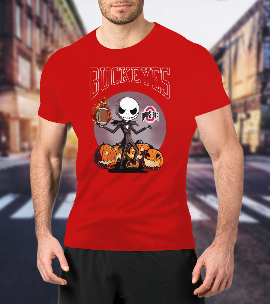 Ohio State Buckeyes Jack Skellington Halloween Football Pumpkins T-Shirt