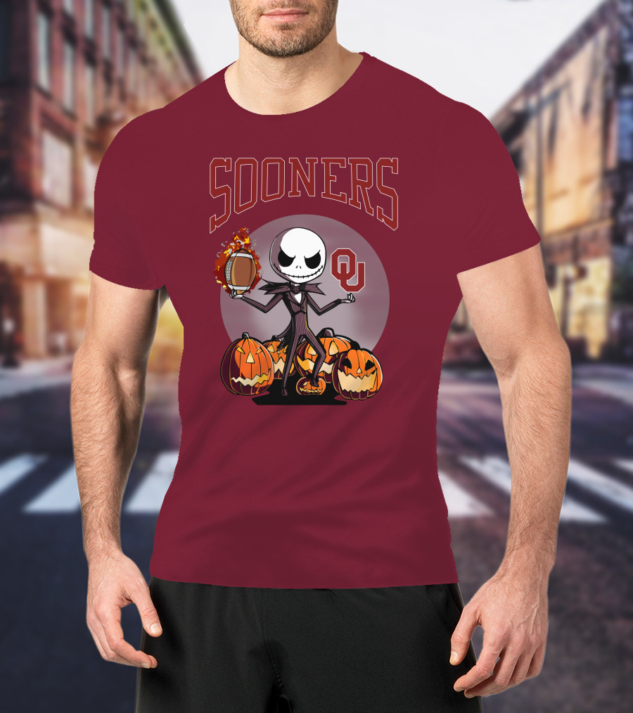 Sooners Halloween Jack Skellington OU Football Pumpkins T-Shirt