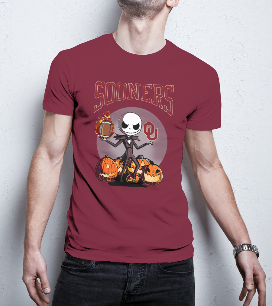 Sooners Halloween Jack Skellington OU Football Pumpkins T-Shirt