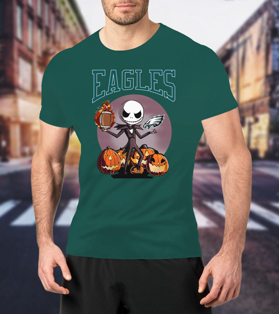 Philadelphia Eagles Jack Skellington Halloween Football Pumpkins T-Shirt