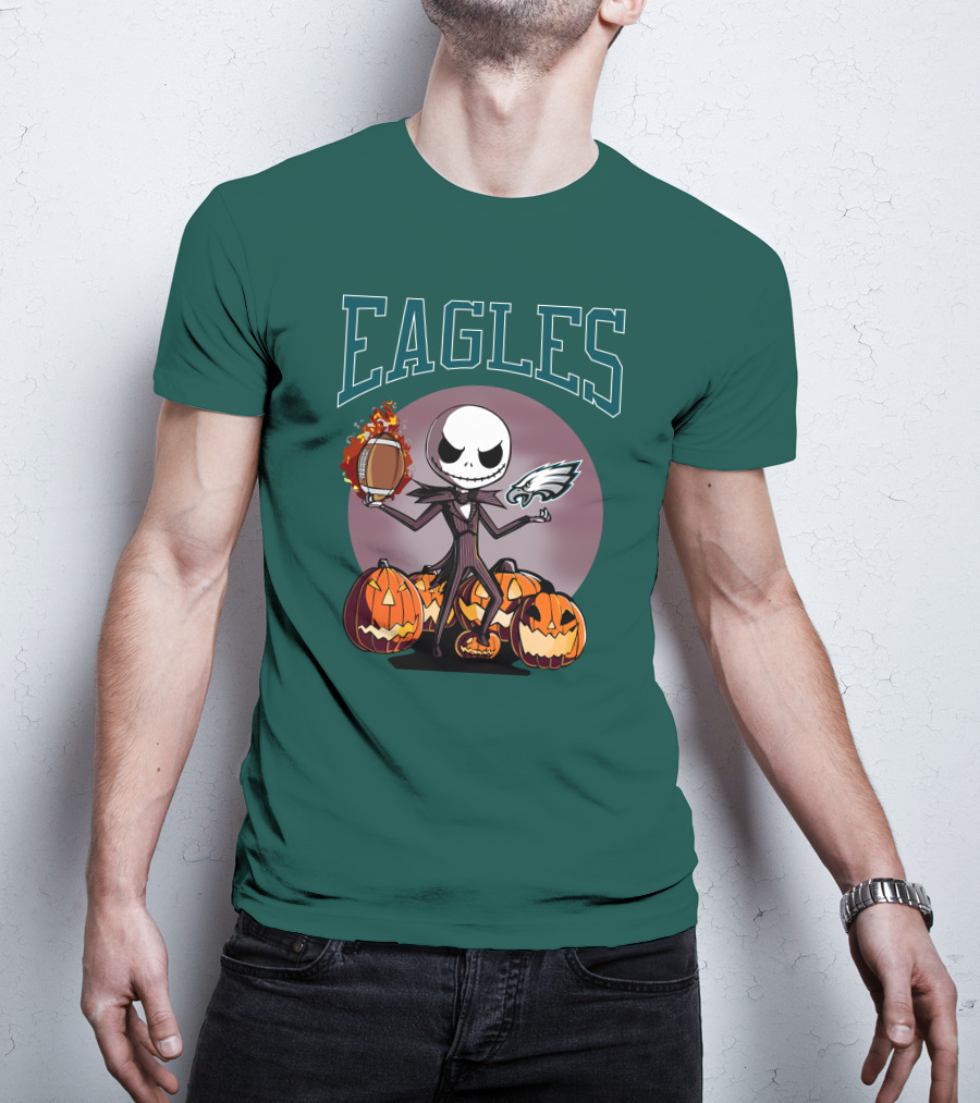 Philadelphia Eagles Jack Skellington Halloween Football Pumpkins T-Shirt