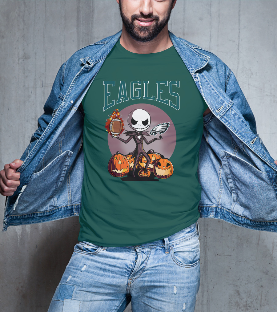 Philadelphia Eagles Jack Skellington Halloween Football Pumpkins T-Shirt