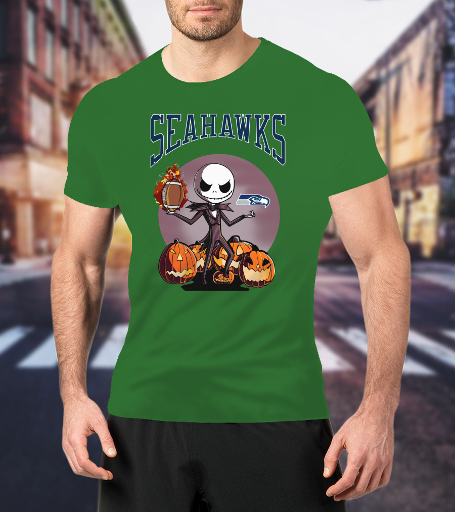 Seattle Seahawks Jack Skellington Halloween NFL Football Pumpkins T-Shirt