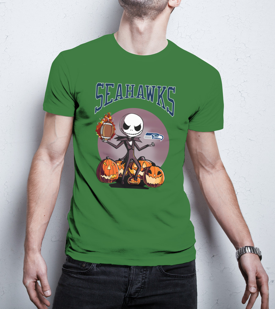 Seattle Seahawks Jack Skellington Halloween NFL Football Pumpkins T-Shirt