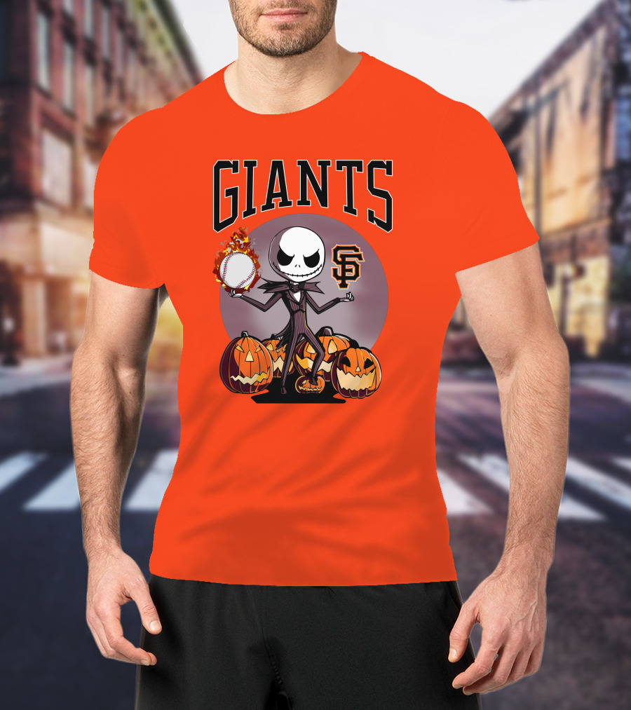Giants Jack Skellington SF Logo Halloween Pumpkins Baseball T-Shirt